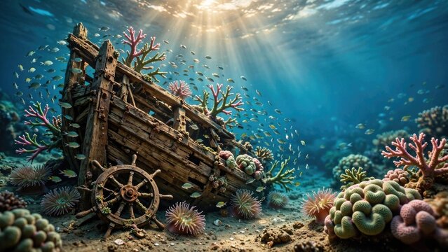 Sunlit Shipwreck Surrounded by Coral Reef