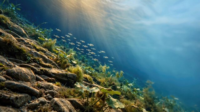 Sunlight Filtering Through Underwater Rocks and Plants