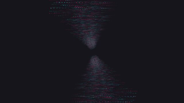 Teal and magenta glowing particles flow towards a central point in a cinematic abstract 3D animation loop perfect for music and science fiction web headers