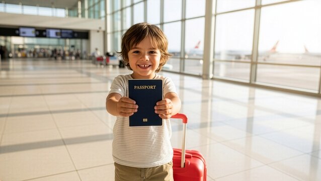 A cheerful little boy smiling and holding a generic blue passport next to a red suitcase inside a bright airport terminal, representing family vacation, kids travel insurance, and tourism