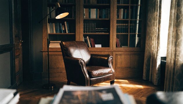 Reading Room Or Library Interior With Leather Armchair, Bookshelf And Floor Lamp