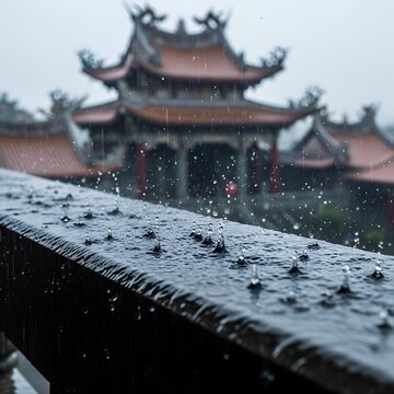 Traditional Asian Temple with Rain-Soaked Roof and Water Droplets.