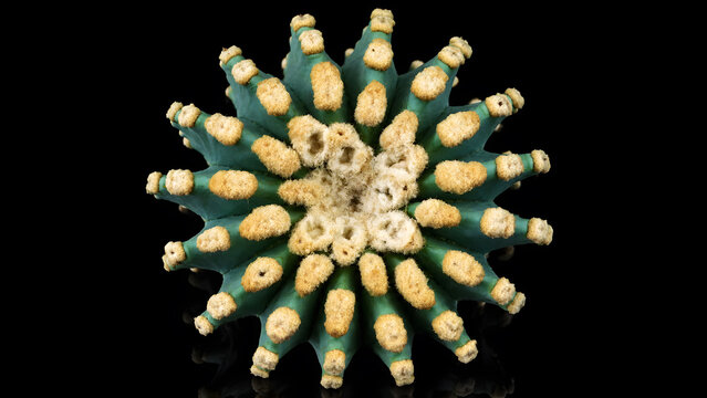 Top View of Symmetric Round Cactus with Ridges and Fluffy Woolly Areoles Isolated on Black Background
