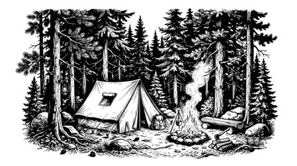 Hand-drawn camping scene in a dense forest with a tent and campfire. © illustration