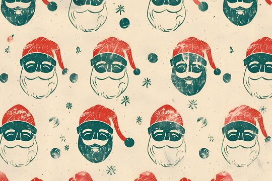 Retro santa claus pattern: vintage holiday cheer with santa heads and festive ornaments