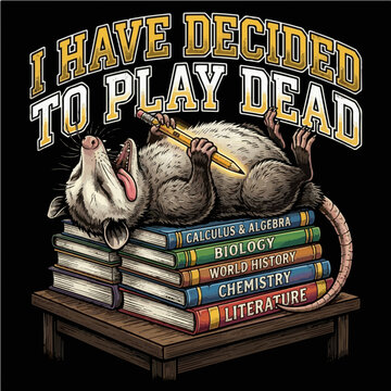 Funny opossum playing dead on school textbooks holding a pencil with the satirical quote I Have Decided To Play Dead, perfect for back to school and student life print on demand t-shirt designs