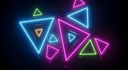 Fototapeta premium Colorful neon triangle composition with glowing blue pink and green shapes on dark black background.
