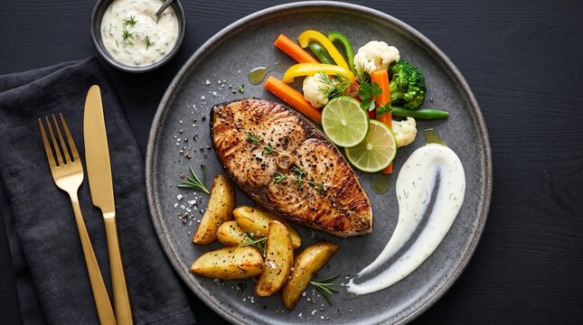 Grilled Kingfish Steak Dinner with Roasted Potatoes and Steamed Vegetables Plate