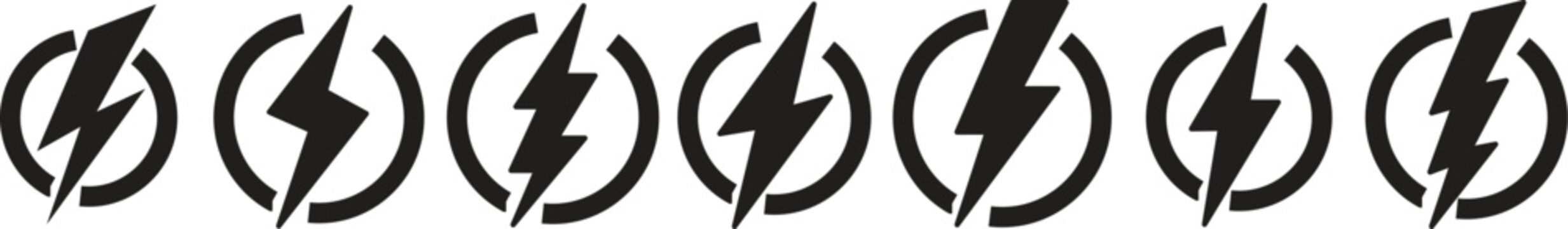 Lightning bolt icon set in black circles, electric power symbols for energy and charging, minimalist flash vector graphics for battery status