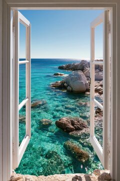 Open window view of clear turquoise sea and rocky coastline under blue sky