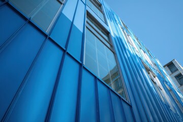 Obraz premium Close-up of blue metal exterior panels on a contemporary building facade