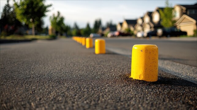 Close-up of bright yellow parking stops in an empty residential parking lot
