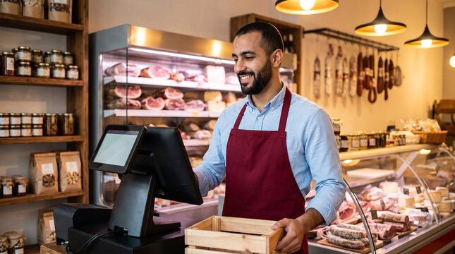 A shopkeeper in an apron using a point of sale system in a deli with hanging meats and jars on shelves