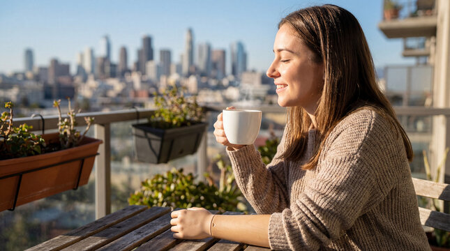 Young woman with prosthetic arm drinking coffee on balcony with city skyline view.