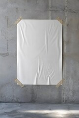 Fototapeta premium Blank White Paper Poster Mockup Taped to a Grey Concrete Wall with Wrinkled Texture and Natural Light
