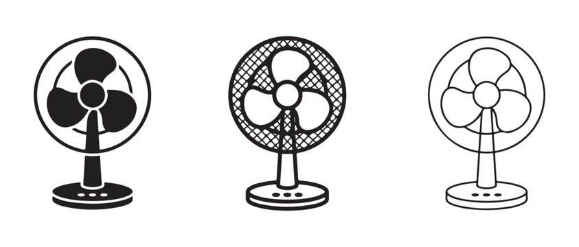 electric fan designs  black line icons  various styles and patterns  isolated on white background