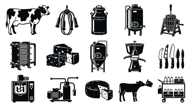 Dairy Farm  Milk Production Black and White Glyph Vector Icons Set with Equipment and Animals