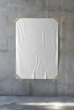 Blank White Paper Poster Mockup Taped to a Grey Concrete Wall with Wrinkled Texture and Natural Light