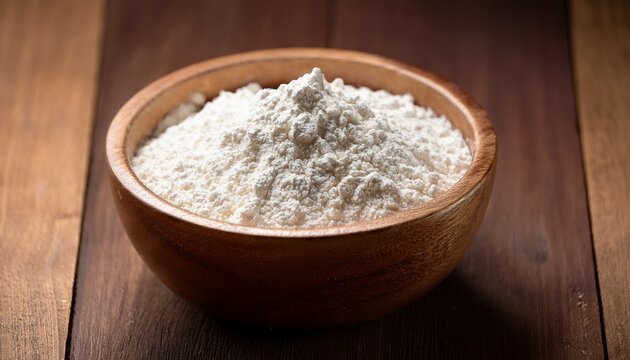 Powdered Or Dried Milk In Bowl Photographed Overhead On Dark Wood With Natural Light Selective Focus Focus On The Top Of The Milk Powder