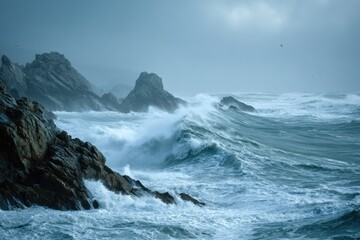 Fototapeta premium Coastal seascape in a storm: powerful waves, spray, and gray skies over a rugged shoreline