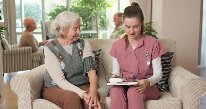 Senior, nurse or tablet with blood pressure machine in retirement home for medical checkup. Female person, caregiver or healthcare worker with arm strap or technology for elderly care or hypertension