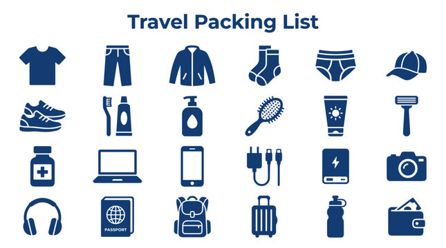 Travel Packing List Icons: Essential Gear for a Trip Preparation Checklist, Including Clothing, Toiletries, Electronics, and Accessories
