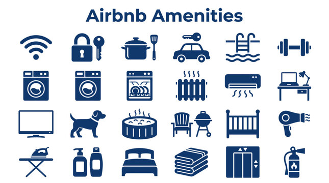Collection of Airbnb amenities icons representing services and features for guest accommodation and travel convenience