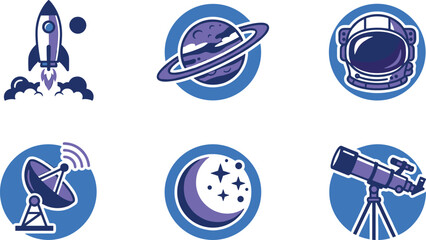Space exploration flat icons including rocket ship saturn planet astronaut helmet telescope and moon stars. © Emongrapic