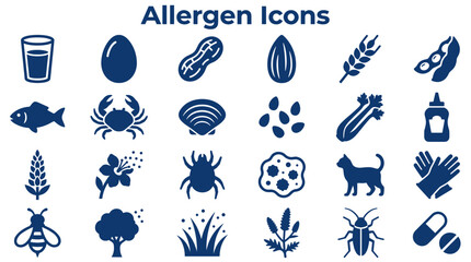 Fototapeta premium Set of allergen icons representing common food and environmental triggers for allergies, including peanuts, milk, eggs, fish, shellfish, soy, wheat, nuts, pollen, insects, and pets.