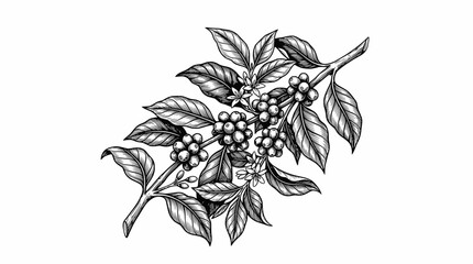 Botanical illustration of coffee branch with berries and leaves, hand-drawn sketch © illustration