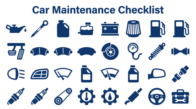 Car maintenance checklist icons representing various automotive parts and fluids for vehicle service and repair