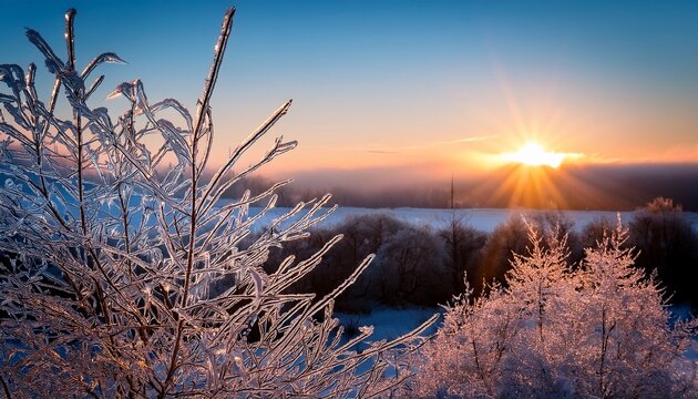 Frozen Landscape At Sunrise With Crystalline Ice Formations On Tree Branches Against Soft Sky