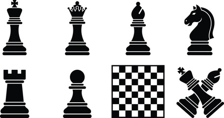 Chess silhouette collection featuring king, queen, bishop, knight, rook, pawn, board, and checkmate icons © MdMahabur