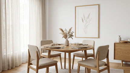Fototapeta premium Minimalist dining room with wooden table and chairs.