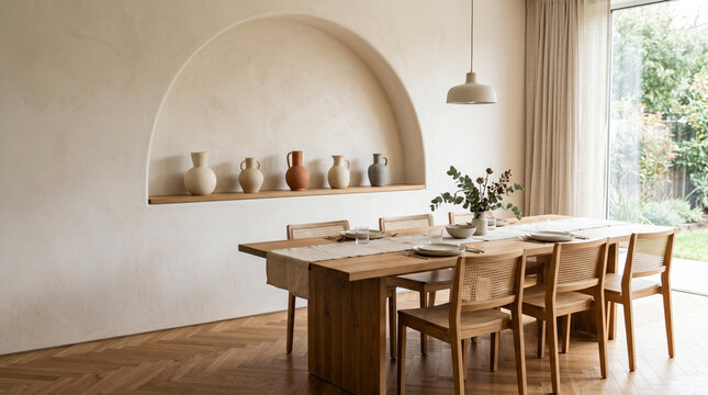 Minimalist dining room with arched wall niche and wooden table set.