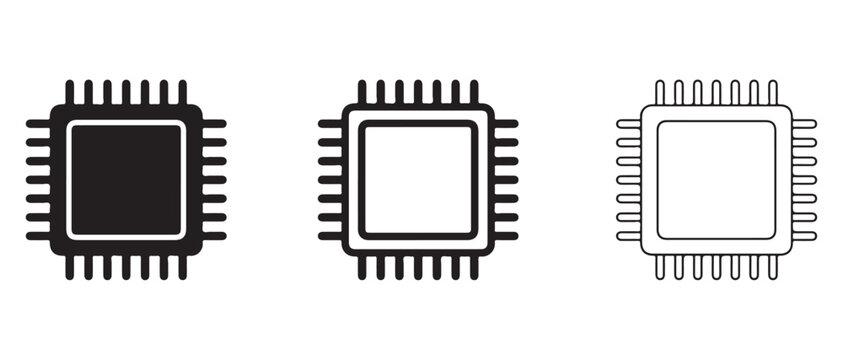 computer processor icons in black and white on a plain white background for technology and computing concepts  various chip designs