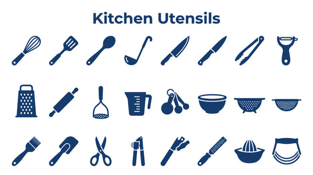 Collection of essential kitchen utensils and cooking tools in a clean blue icon set against a white background, perfect for culinary themes and recipe design