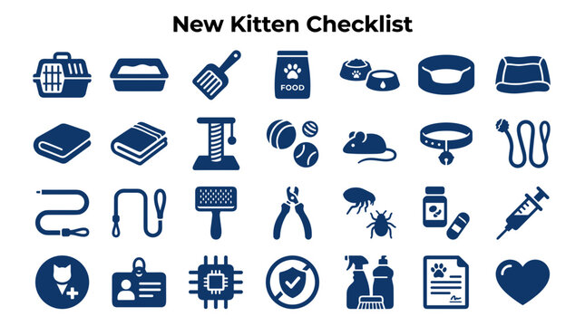 New Kitten Checklist Icons Set: Pet Care Supplies and Health Essentials for New Cat Owners