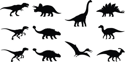 Dinosaur silhouette icons with Tyrannosaurus rex, Triceratops, Brachiosaurus, Stegosaurus, Velociraptor, Ankylosaurus, Pteranodon, and Parasaurolophus © MdMahabur