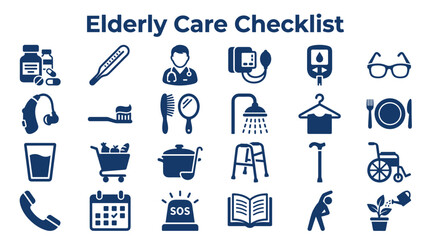 Fototapeta premium Elderly Care Checklist Icons Representing Health Medical Assistance Daily Living Needs And Support Services For Seniors