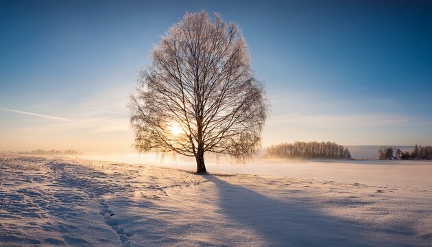 Lonely Birch Tree Winter Backlit High Resolution Picture