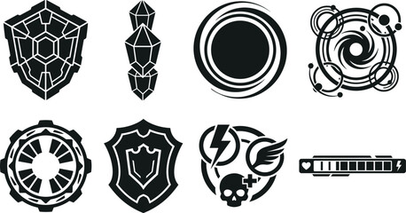 Fantasy and gaming symbol silhouette icons with shield, crystal, energy swirl, gear, health bar, and magic © MdMahabur