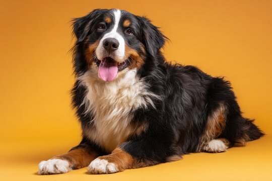 Cute Bernese Mountain Dog Laughing Pose in a Bold Color Portrait