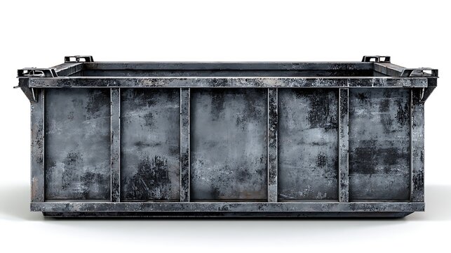 Old rusty black metal dumpster skip bin isolated on white background.