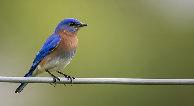 Vivid Bluebird Perched on Metal Rod in Natural Setting.