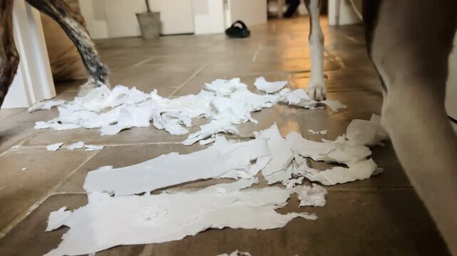 Slow motion dogs walking on shredded paper mess
