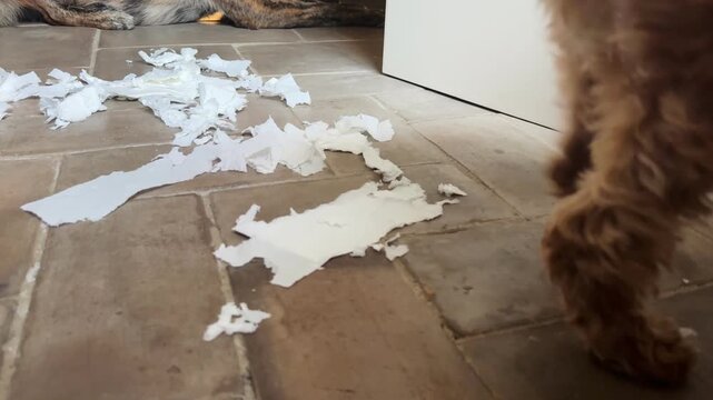 Slow motion dogs walking on shredded paper mess
