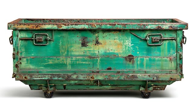 Old rusty green metal dumpster skip bin isolated on white background.