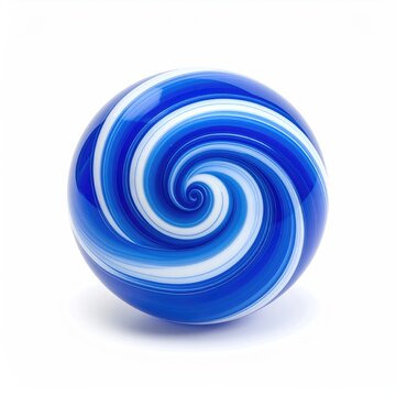 A shiny blue and white swirled sphere with a deep, hypnotic spiral center