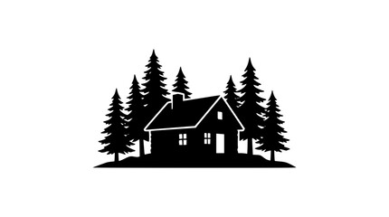 Fototapeta premium Black and white silhouette of a rustic cabin in a pine forest